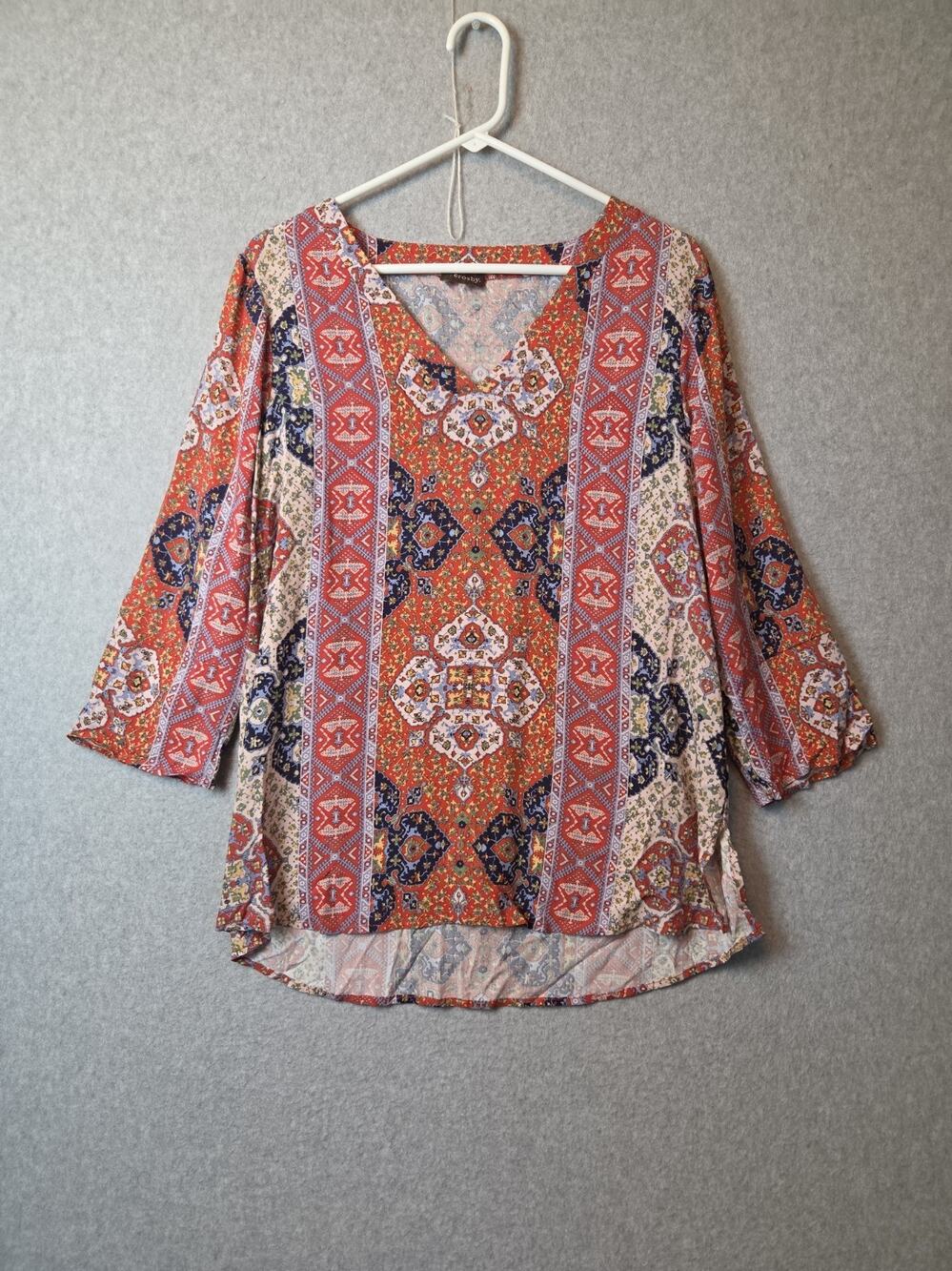 Crosby Bohemian Geometric 3/4 Sleeve V Neck Rayon Tunic Women's Large